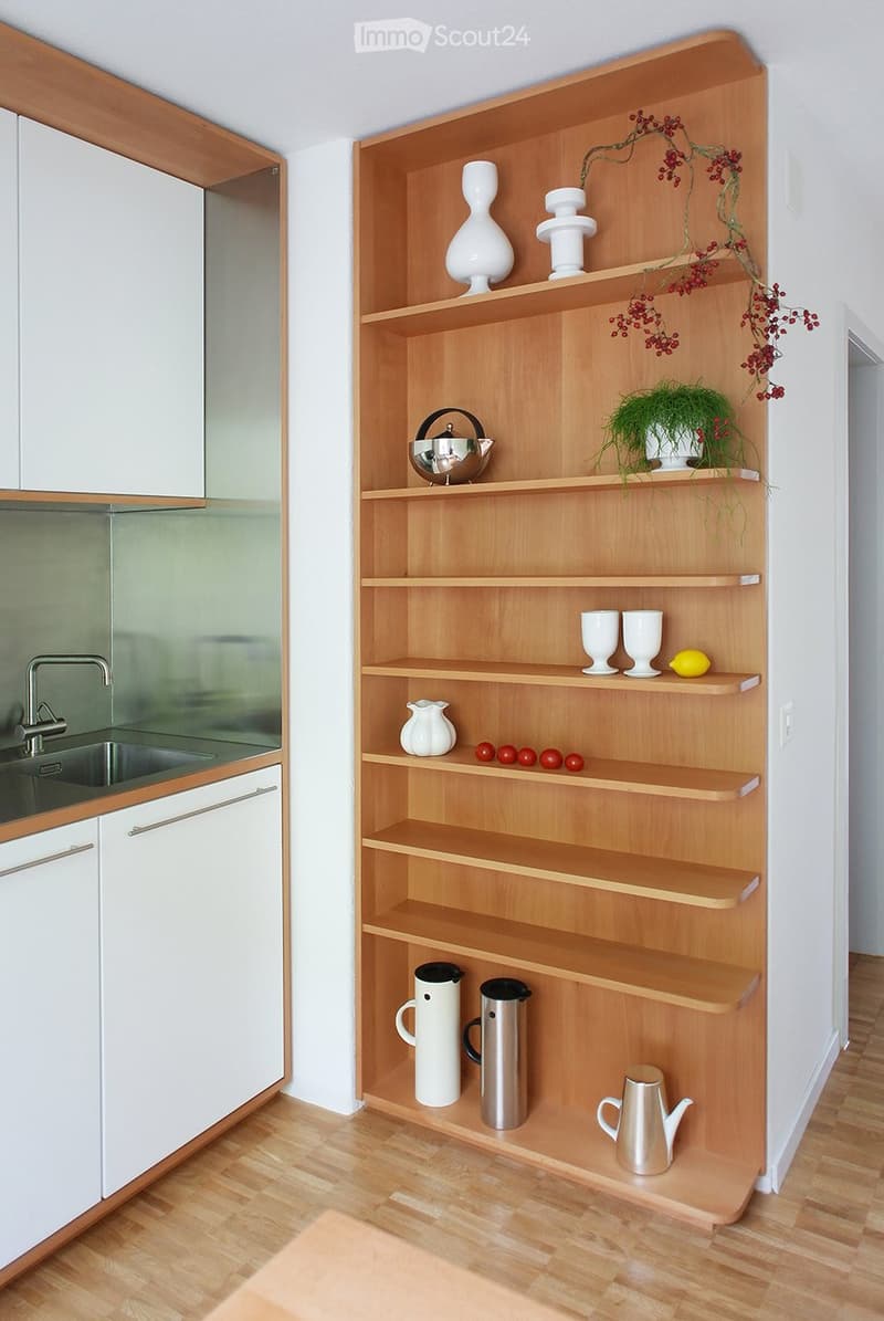 {"visible_features":[],""type"":""Kitchen"",""description"":""modern kitchen, white cabinets, wooden flooring, stainless steel sink, modern wooden shelves, silver faucet, ceramicware, and utensils stored""}