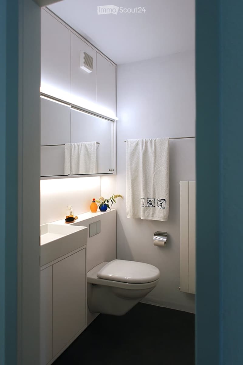 All white bathroom, modern design, single white cabinet, full mirror, white sink, white toilet, towel rack