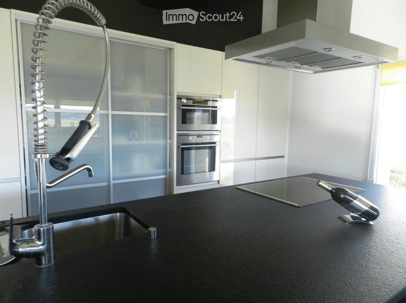 Modern kitchen with sleek white cabinets, stainless steel appliances, a black countertop, and a pull-out faucet.