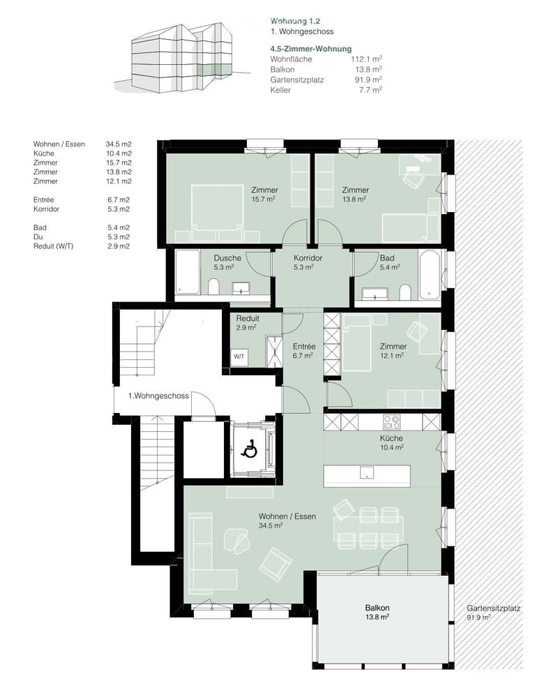 Floor plan of a 4.5-room apartment with living room, kitchen, 3 bedrooms, bathroom, entrance, corridor, and balcony.