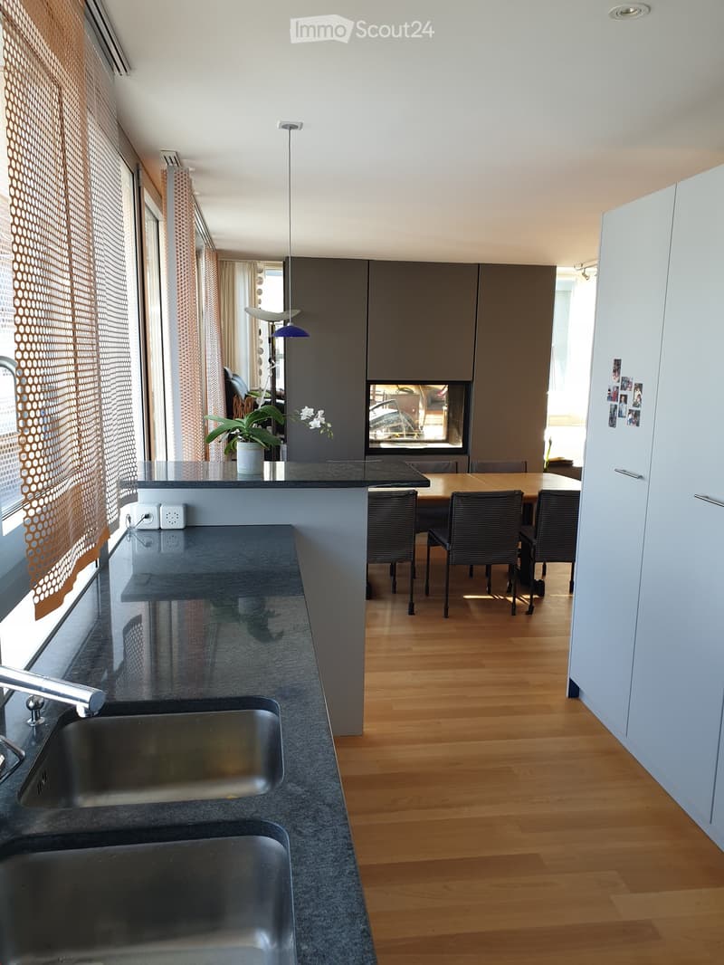 Modern kitchen with dark granite countertops, stainless steel sink, and a small dining area with chairs and a table. Features wooden flooring, large windows, and a potted plant on the counter.