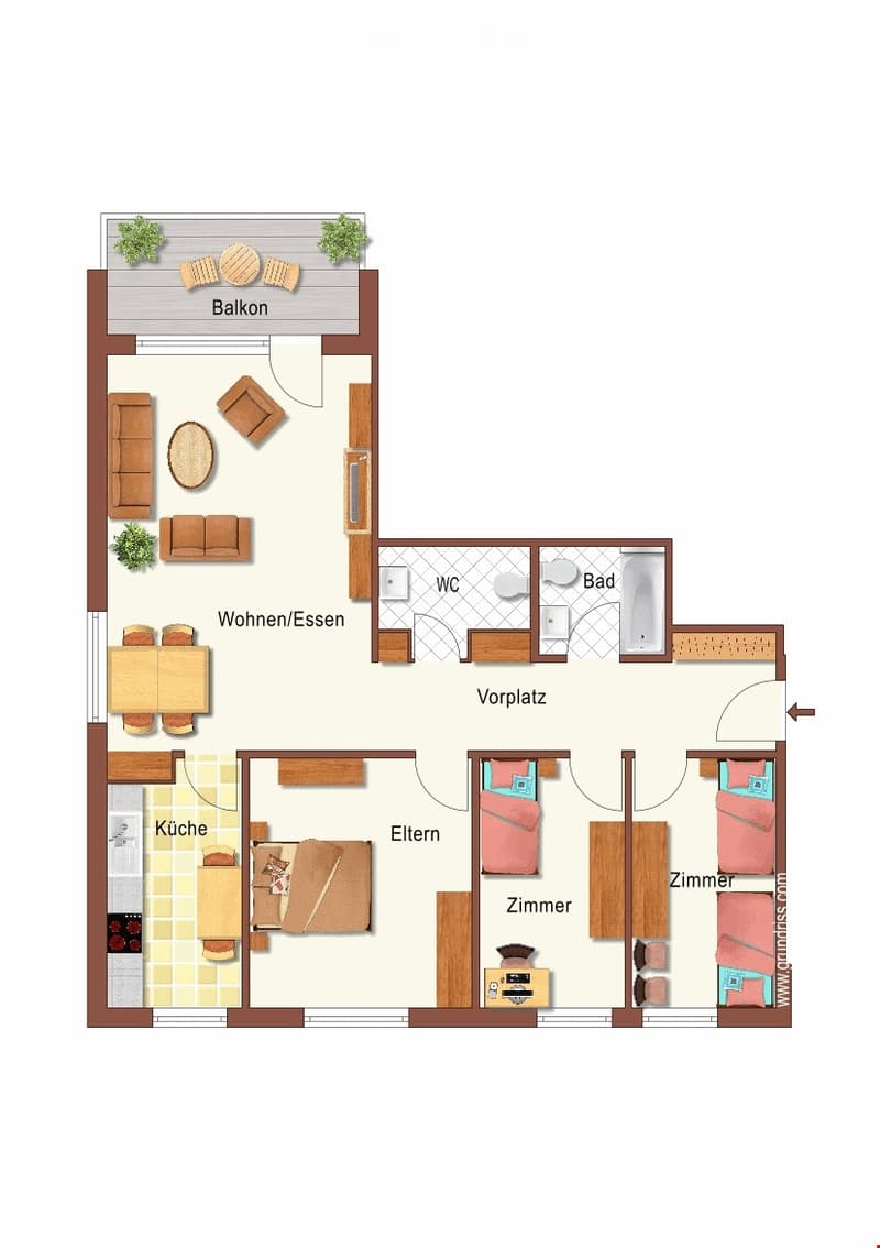 Floor plan of a multi-room apartment including a living/dining area, kitchen, parent bedroom, two bedrooms, bathroom, and balcony.