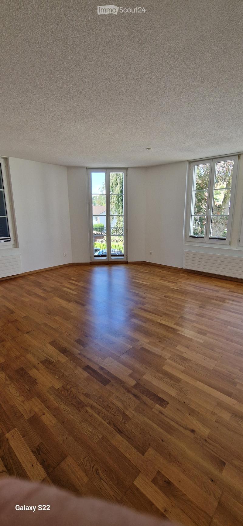 Empty room with wooden flooring, white walls, large windows, and a glass door leading outside.