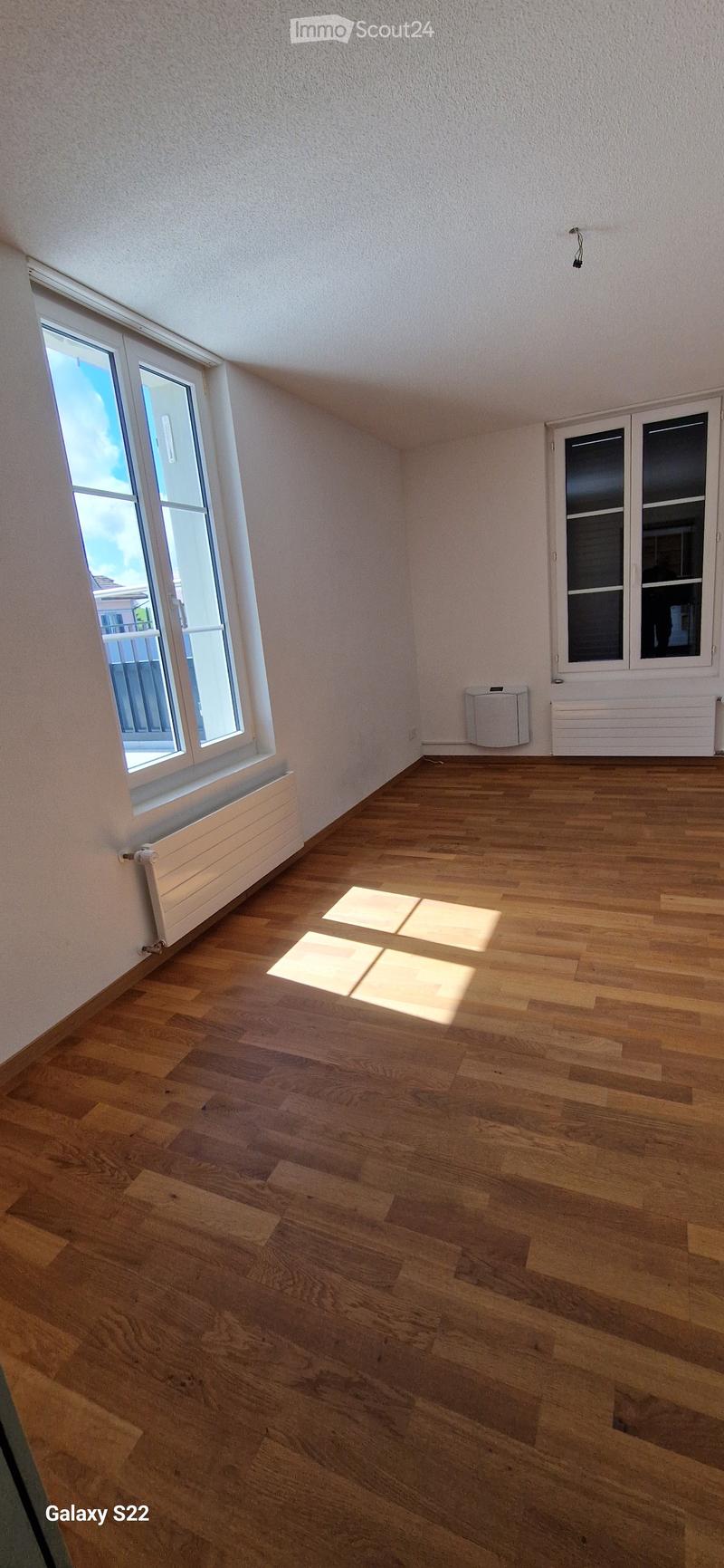 Empty room with wooden flooring, white walls, and large windows allowing natural light. Radiators are visible under the windows.
