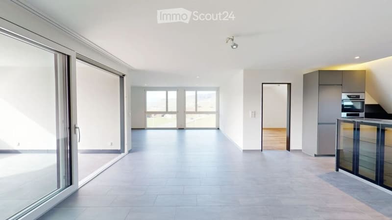 Bright, open-plan space with large glass doors leading to a balcony, modern kitchen area with cabinets and appliances, and a spacious living area with tiled flooring.