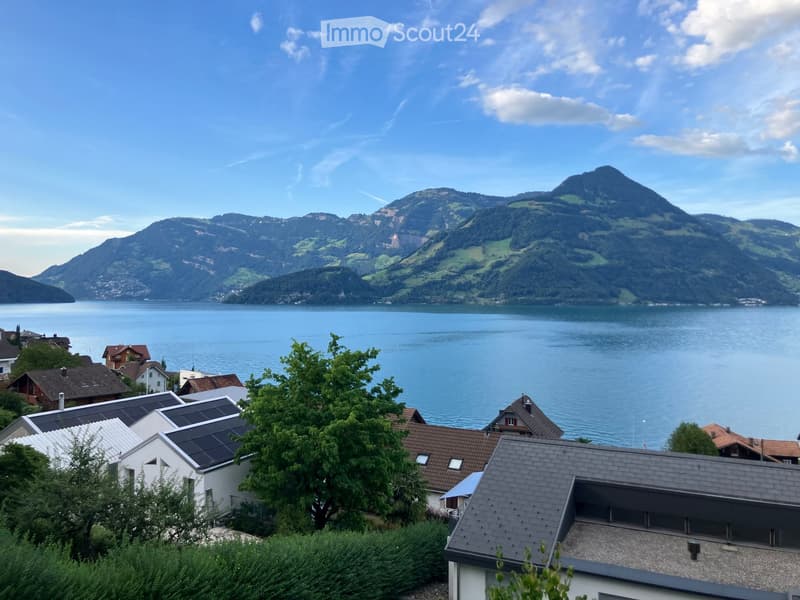 View of a residential area with houses and solar panels on rooftops, overlooking a lake and mountain range.