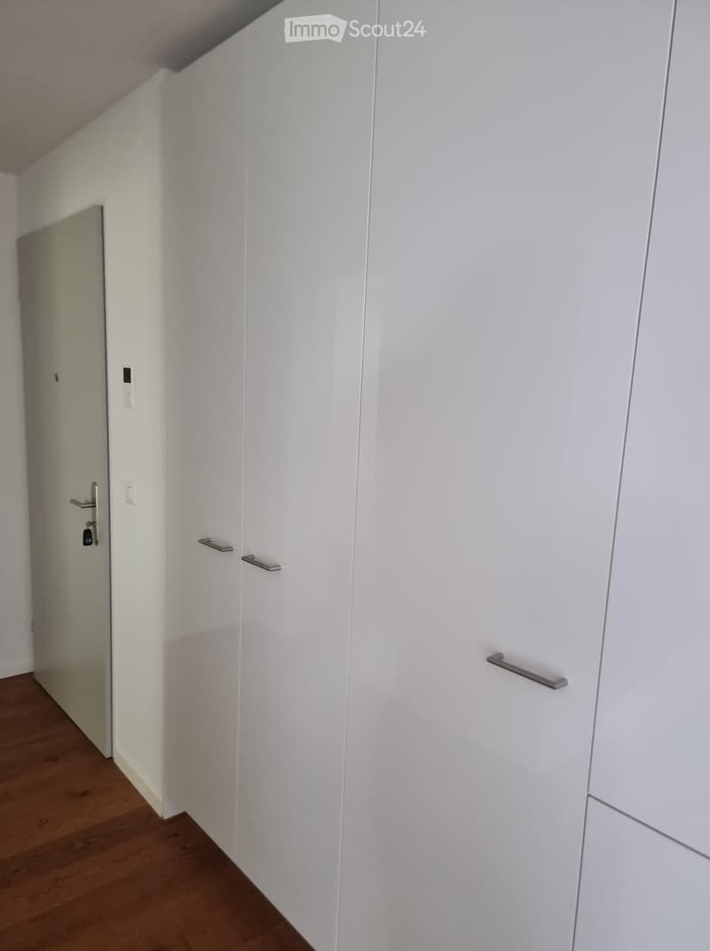 A narrow hallway with white walls, wooden flooring, and a closed door on the left side.