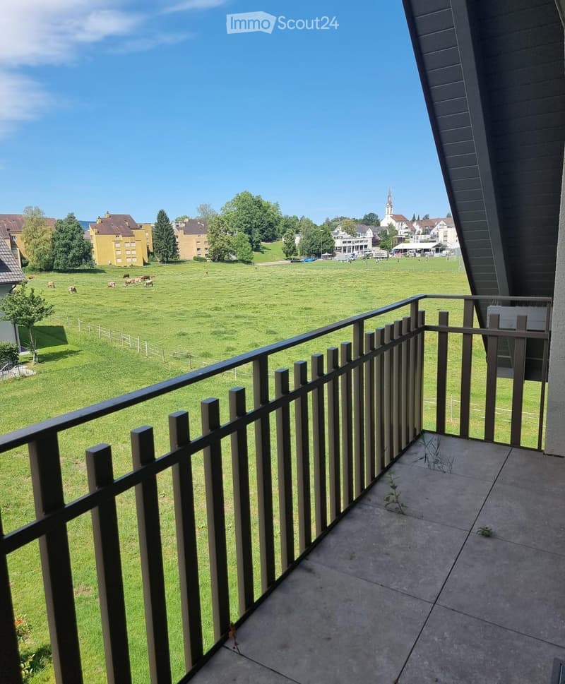 Balcony with metal railing overlooking a green field with grazing cows and a town in the distance.