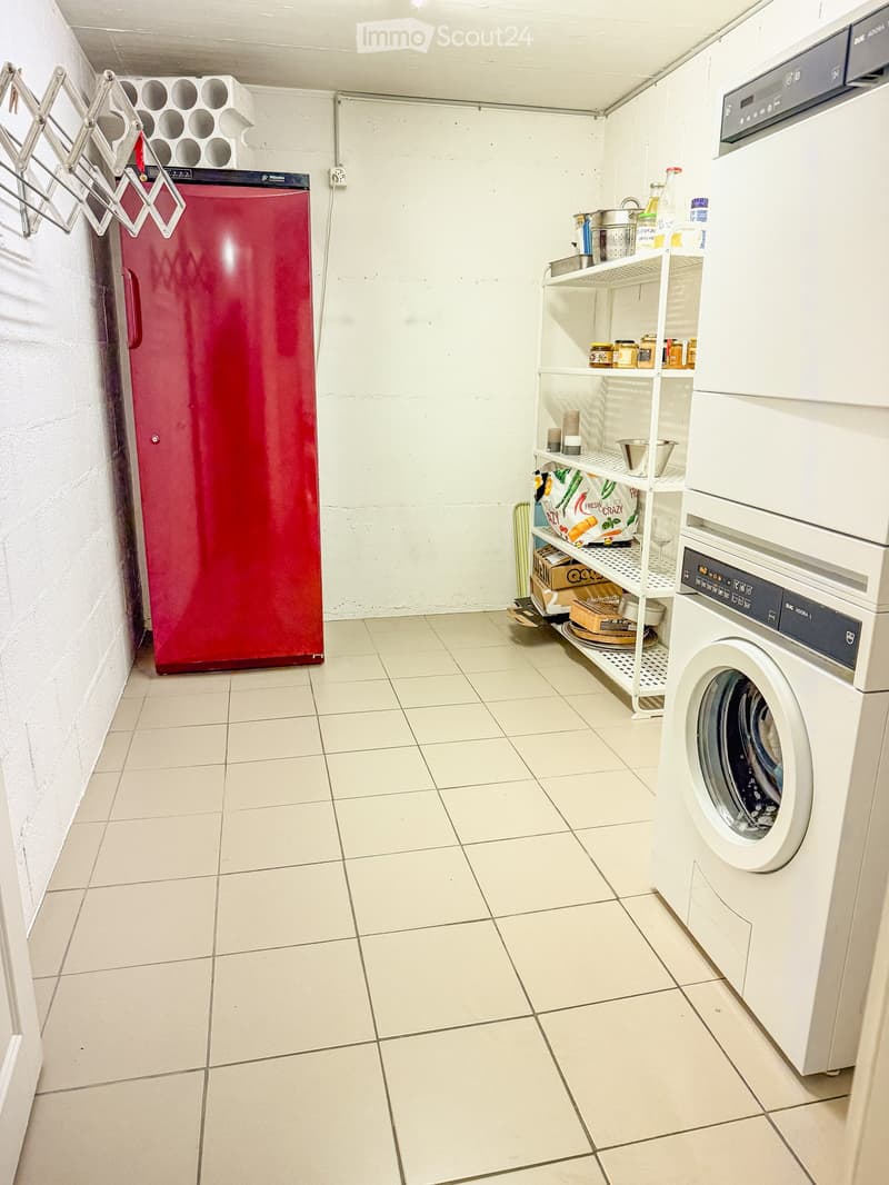 A small utility room with a red refrigerator, a white washing machine, a metal shelf holding various items, and a white metal rack on the wall.