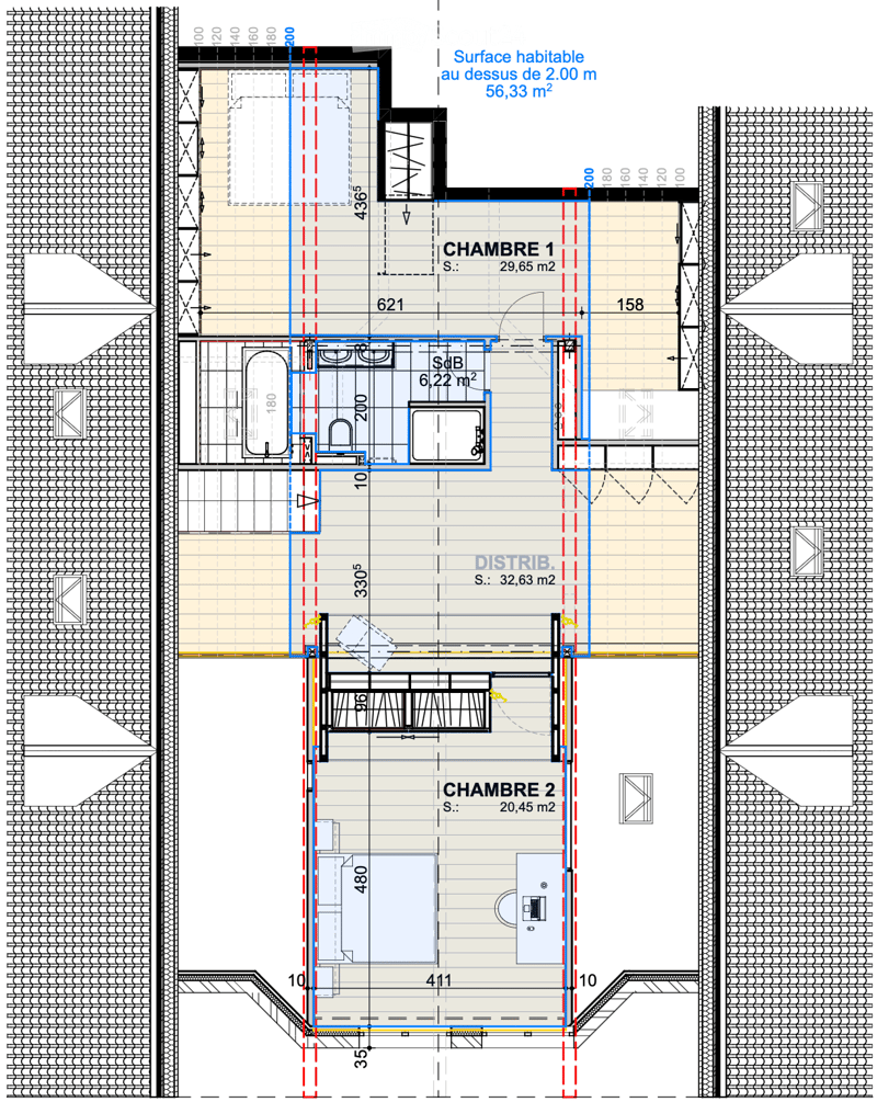 Floor plan showing a habitable area of 56.33 m², including two bedrooms (29.65 m² and 20.45 m²), a bathroom (6.22 m²), and a distribution area (32.63 m²).