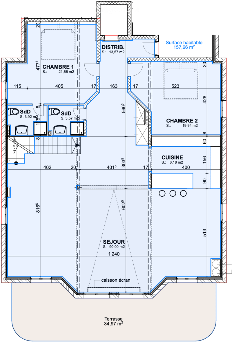 Floor plan showing a distribution area, two bedrooms, a kitchen, a living area, and a terrace.