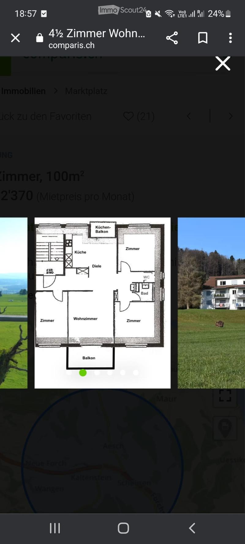 Floor plan of a 4.5-room apartment with kitchen, balcony, living room, bedrooms, and bathroom.