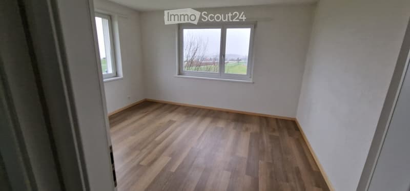 Empty room with wooden flooring and two windows, showing a view of a green field outside.