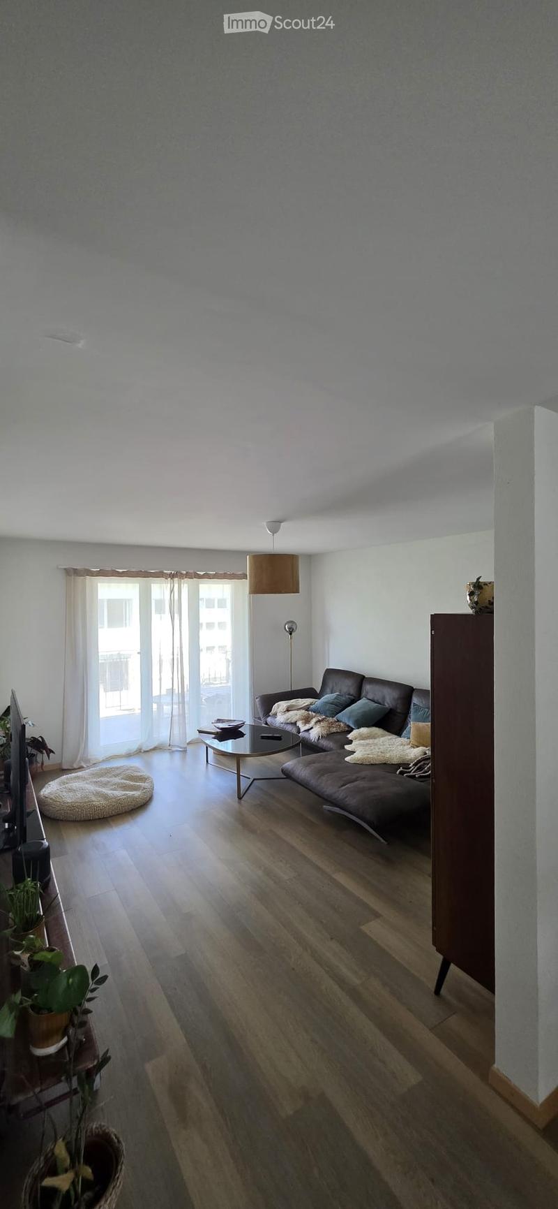 Modern living room with wooden flooring, large windows with white curtains, a dark brown leather sofa, a glass coffee table, a floor lamp, and potted plants.