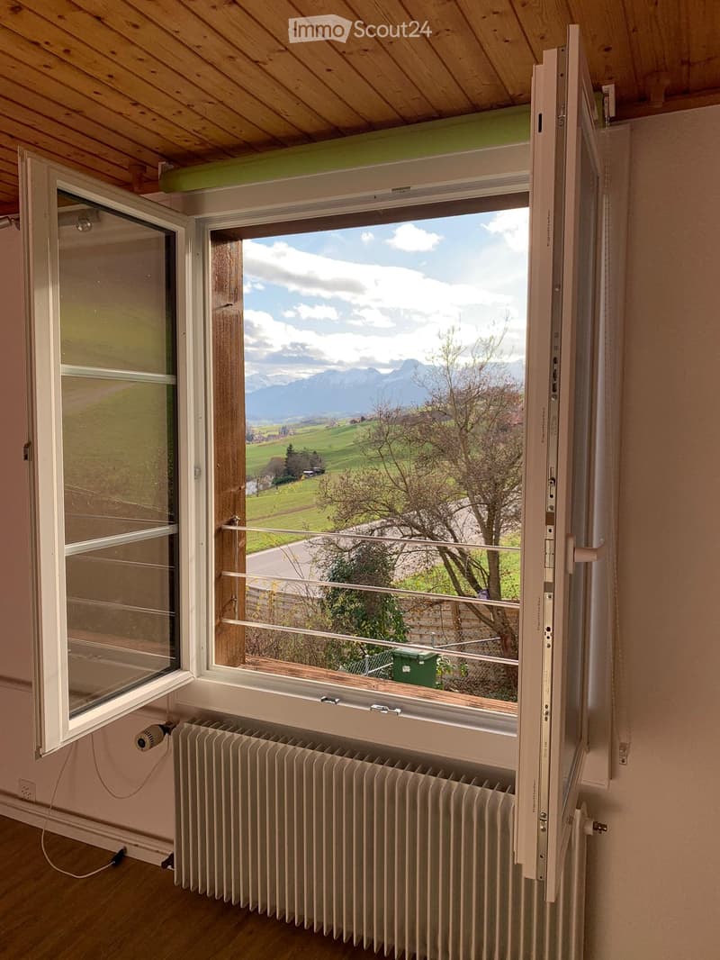 An unfurnished room with wooden flooring, a radiator, and large windows offering a scenic view of green fields and mountains.