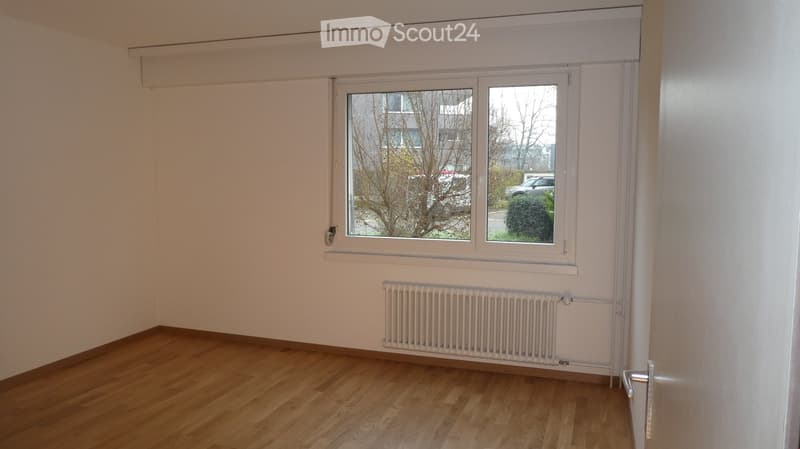 A room with white walls, wooden floor, and white heater.