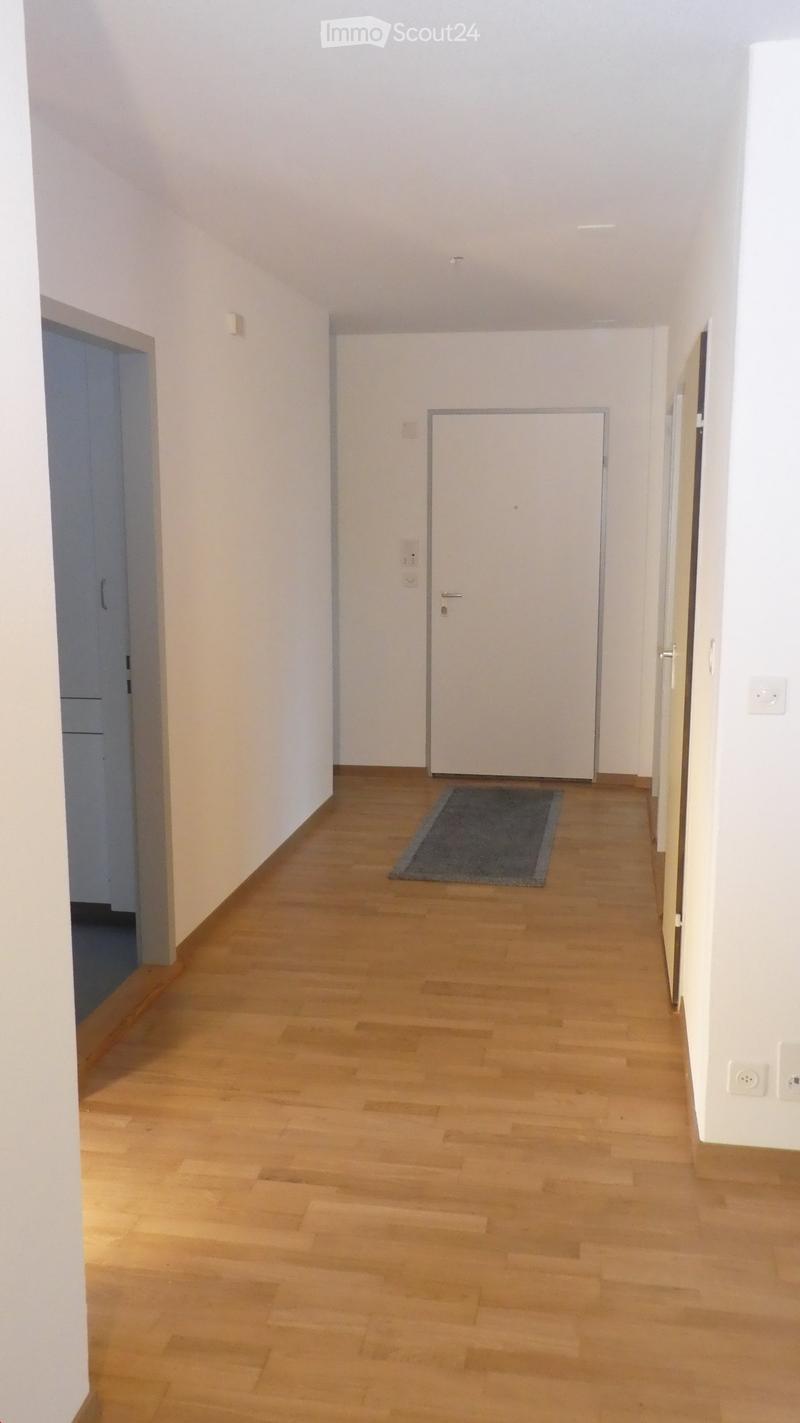 Empty hallway, wooden floor, white walls, two doors, carpet, power outlets