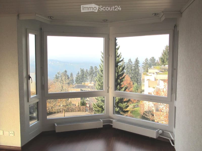 Empty room with large windows offering scenic views of trees, water, and distant mountains. Wooden flooring and white walls.