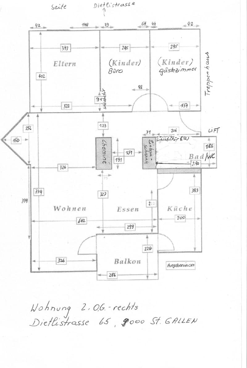 Floor plan of a 2nd-floor apartment with rooms labeled: Eltern (parents), Kinder (children), Büro (office), Gästezimmer (guest room), Wohnen (living), Essen (dining), Küche (kitchen), Bad/WC (bathroom), Balkon (balcony), and Treppenhaus (staircase).