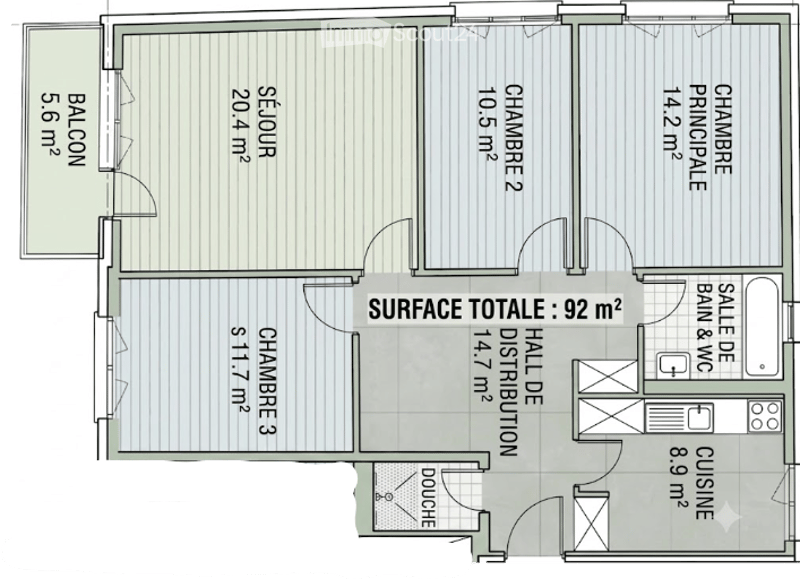 Floor plan of a 92 m² apartment featuring a living room, kitchen, three bedrooms, two bathrooms, and a balcony.