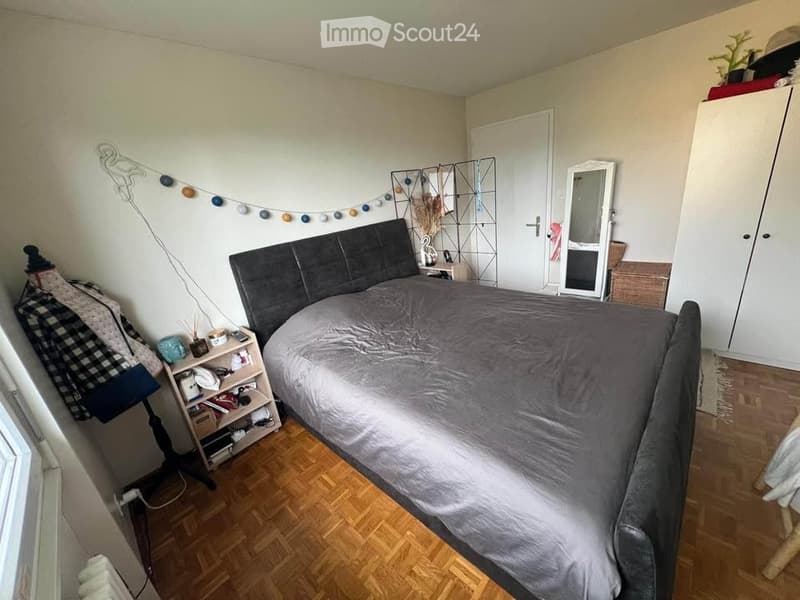 Cozy bedroom with a large bed, nightstand, mirror, wardrobe, and a small shelf with various items.