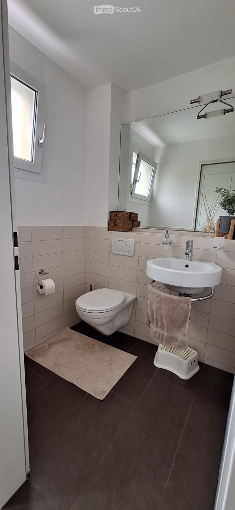 Modern bathroom with dark brown tiles, white toilet, sink, mirror, and a small towel on a white step stool. A beige rug is placed in front of the toilet.