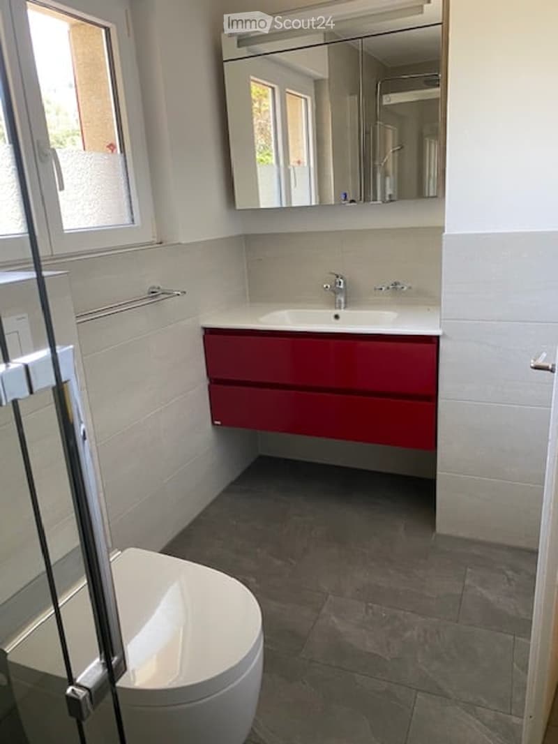 Modern bathroom with a red cabinet, white sink, large mirror, and a toilet. The walls are tiled in light grey, and the floor is covered with dark grey tiles.