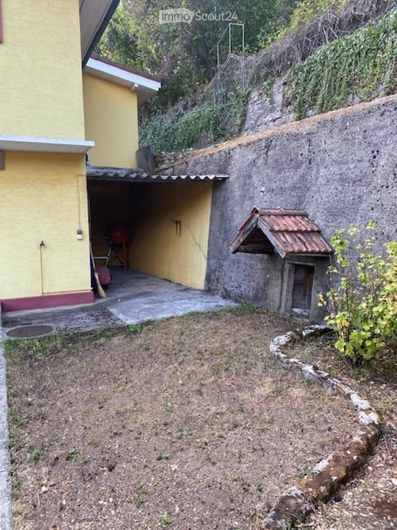 Small outdoor area next to a yellow house with a garage entrance. Includes a small doghouse and some sparse vegetation.