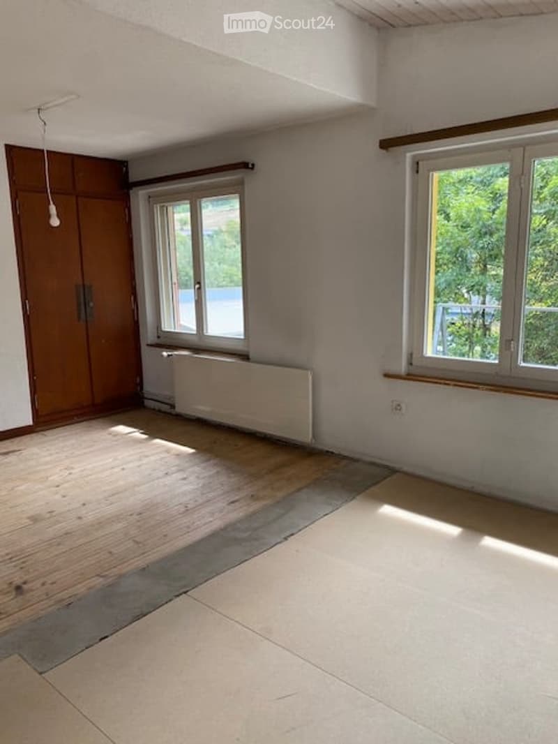 Empty room with wooden flooring, white walls, two windows, a radiator, and a wooden closet.