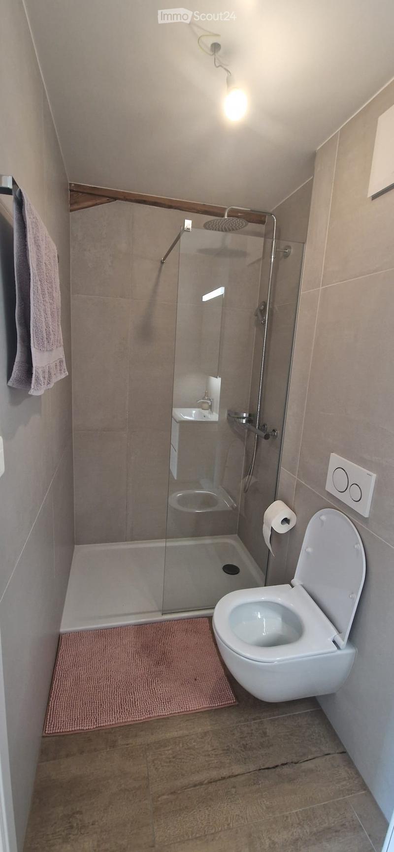 Modern bathroom with a glass-enclosed shower, toilet, towel, and toilet paper holder. The space features wooden flooring and light-colored tiles.