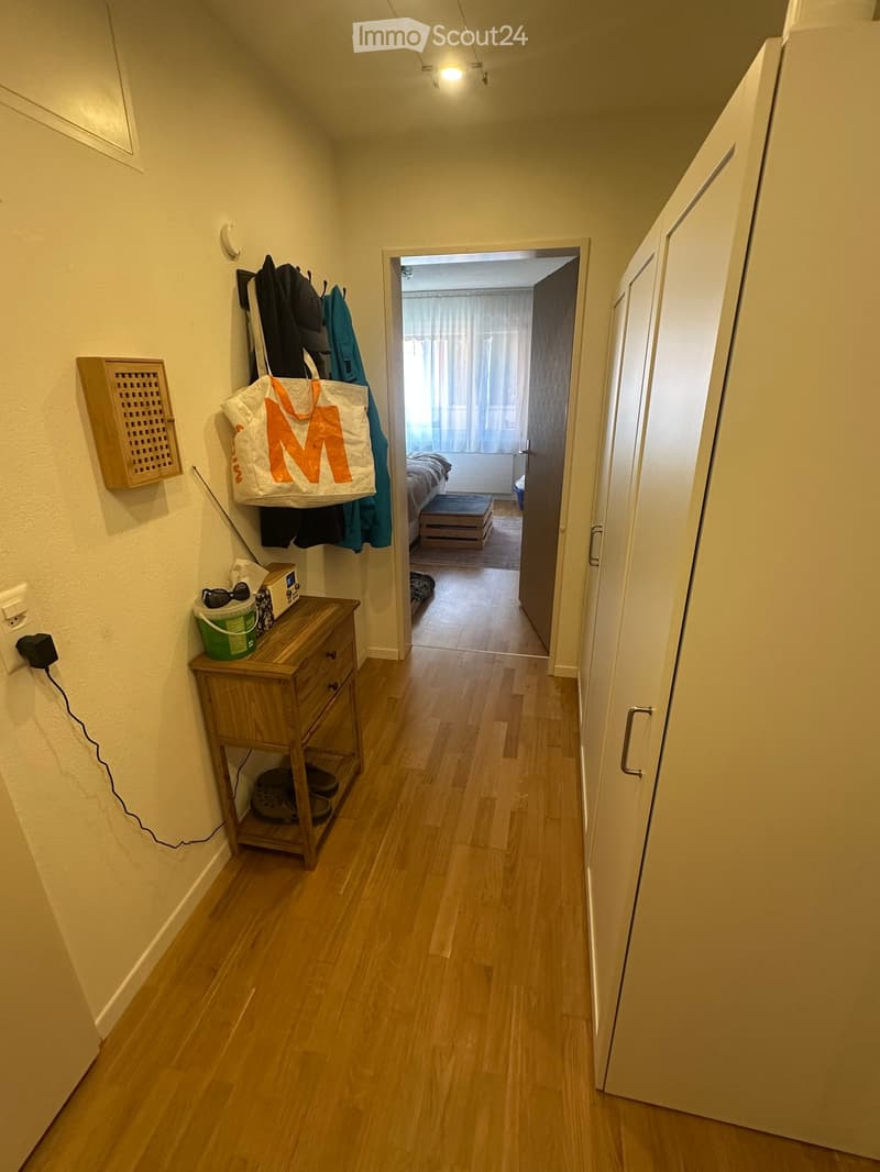 A narrow hallway with wooden flooring, white walls, and a small wooden cabinet on the left side holding various items. A coat rack with jackets and a bag is mounted on the wall, and a partially visible bedroom is seen at the end of the hallway.