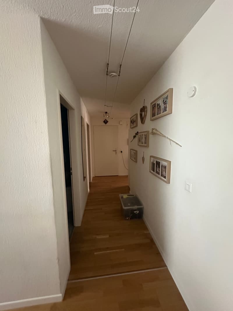 A narrow hallway with wooden flooring, white walls, and several doors leading to different rooms. The walls are decorated with framed pictures and a small decorative item. A small black storage box is placed on the floor near the wall.