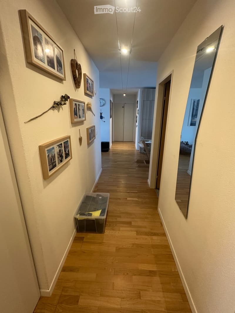 A narrow hallway with wooden flooring, white walls, and several framed pictures and decorative items on the left wall. A large mirror is mounted on the right wall, and a small storage bin is placed near the left wall.
