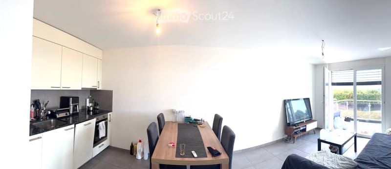 Open-plan living and dining area with a kitchen, sofa, dining table, chairs, TV, and access to a balcony.