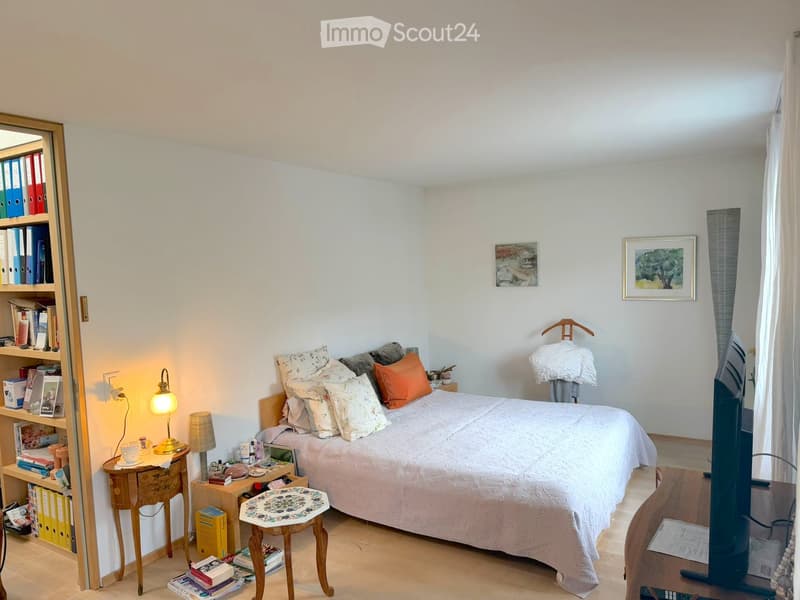 Cozy bedroom with a neatly made bed, nightstands, table lamps, a bookshelf, and a television. The room features light-colored walls and wooden flooring.