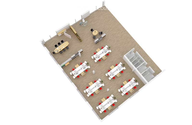 Top-down floor plan of an office space with workstations, meeting areas, and a break room.