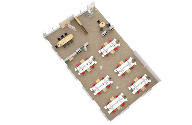 Office floor plan with workstations, meeting rooms, and conference areas. Includes desks, chairs, tables, and storage units.
