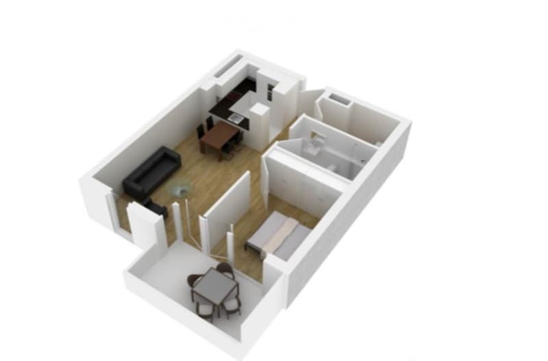3D floor plan of a 3-bedroom apartment with a living room, dining area, kitchen, and two bathrooms.