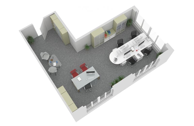 Office floor plan with multiple workstations, desks, chairs, and cabinets. Includes a break area with a round table and chairs, and storage units along the walls.
