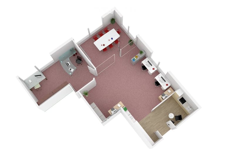 Top-down floor plan of a modern office space with multiple workstations, a conference room, a break area, and a small kitchenette. The layout includes glass partitions, desks, chairs, and a variety of office furniture.