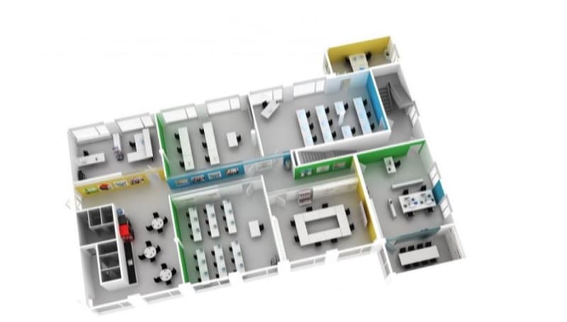 3D floor plan of a multi-story office building with open-plan workspaces, meeting rooms, break areas, and reception area.