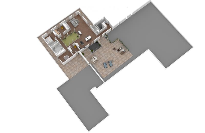 3D floor plan of a modern house with multiple rooms including living room, dining area, bedrooms, bathrooms, and outdoor patio.