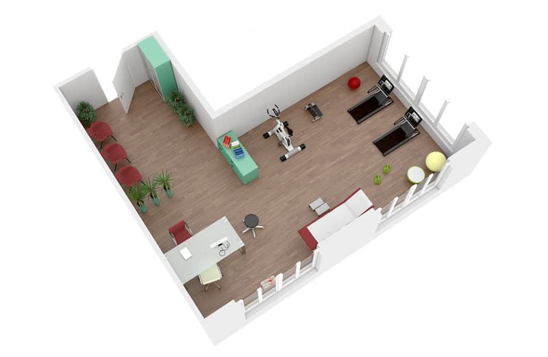 3D floor plan of a modern studio apartment with wooden flooring, featuring a workspace area, lounge area, and fitness area with treadmills and exercise bikes.