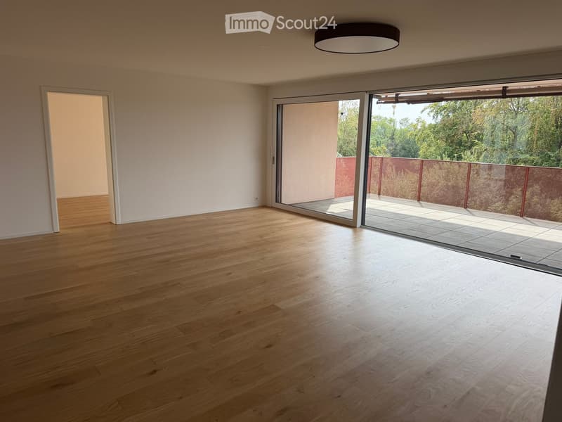 Empty room with wooden flooring, large sliding glass doors leading to a balcony, and a round ceiling light fixture.