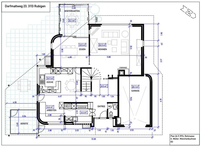 Floor plan of a house with labeled rooms including living area, dining area, kitchen, bedroom, garage, and entrance.