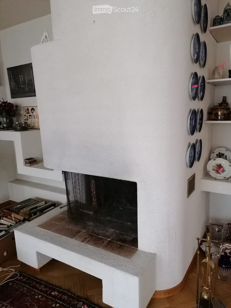 A modern fireplace with built-in shelves on either side, displaying decorative plates and small figurines. The fireplace has a white mantle and a black mesh screen, with a tiled base and wooden flooring.