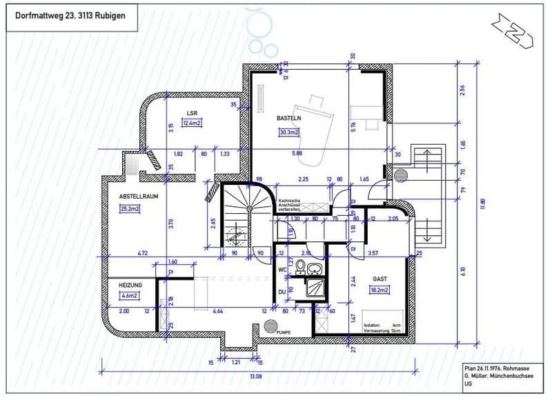 Floor plan of a residential building showing multiple rooms including a living space (LSR), storage room (ABSTELLRAUM), heating room (HEIZUNG), kitchen area (Kochschule), and guest area (GAST).