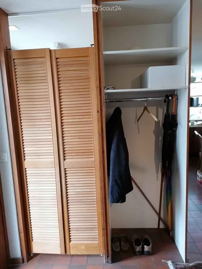 Open closet with wooden louvered doors, containing a coat, umbrellas, and shoes on the floor.