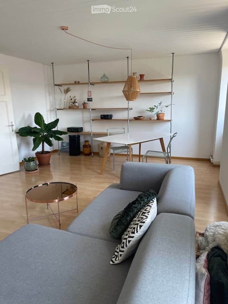 Modern living room with light wooden flooring, grey sectional sofa, coffee table, dining table with chairs, open shelving unit with decorative items, and potted plants.
