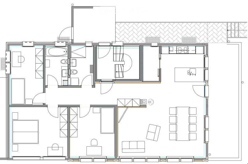 Floor plan of a two-story residential building with multiple rooms including living areas, bedrooms, bathrooms, and a balcony.